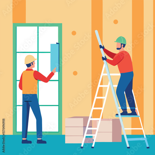 Construction Workers Installing Thermal And Soundproofing