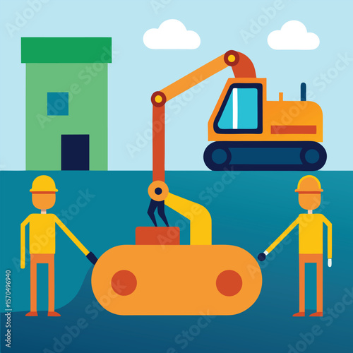 Construction Workers Installing Underground Wastewater Pipes