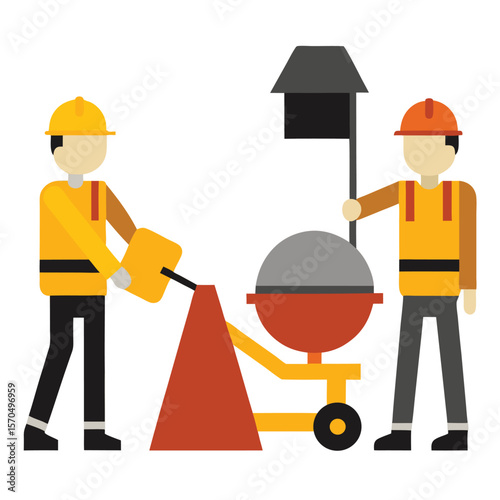 Construction Workers Mixing And Transporting Concrete Material