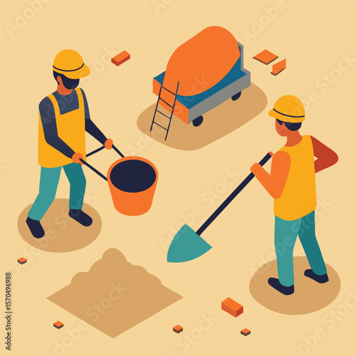 Construction Workers Mixing Cement With Concrete Machine