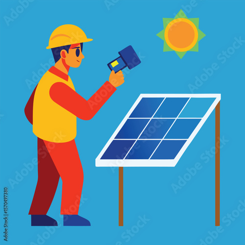 Engineer Inspecting Solar Panels Using A Handheld Device In The Field