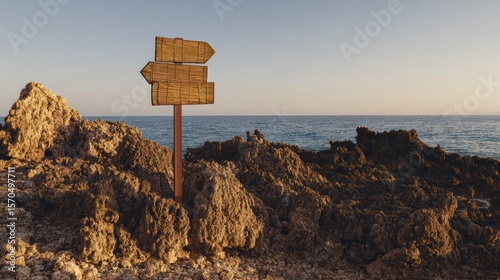 Scenic rocky beach trail with wooden signpost and directional arrows under sunset sky mountain landscape with clouds perfect for hiking tourism eco-tourism adventure travel and nature exploration