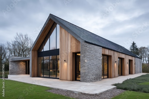 Modern barn house under cloudy sky smooth ambient illumination with soft shadows on stone walls accurate reflection in
