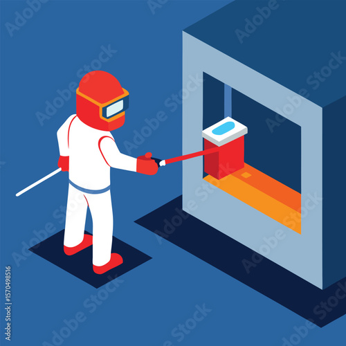Industrial Painter In Protective Suit Spraying Red Paint On Surface