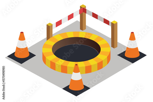 Isometric Illustration Of An Open Manhole Surrounded By Safety Cones