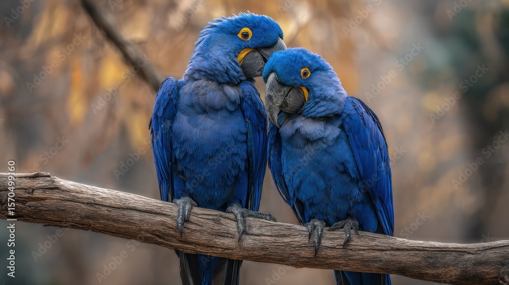 Obraz premium Close view of a pair of Blue Hyacinth Macaws sitting on the same branch, heads leaning together affectionately, jungle backdrop with natural lighting and warm animal bonding