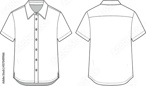 Men's short sleeve shirt flat sketch, button-up front design, collar detail, back yoke, technical fashion CAD drawing template