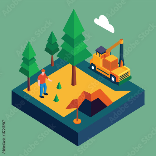 Land Development Concept With Backhoe Clearing Forest Area