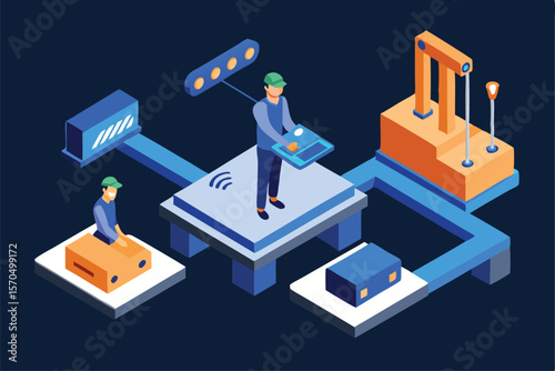 Isometric Smart Factory Automation System With Engineers Working