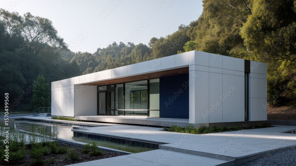Obraz premium Navy white minimalist art deco structure with flat roofline natural sunlight creating high contrast shadows luminous reflections in