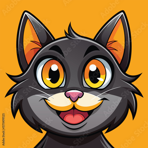 Happy cartoon black cat face with big yellow eyes and orange background silhouette