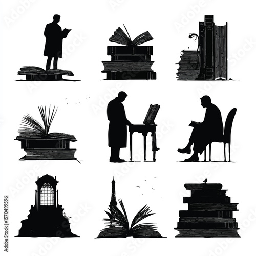 book silhouette set, Black & White silhouette set