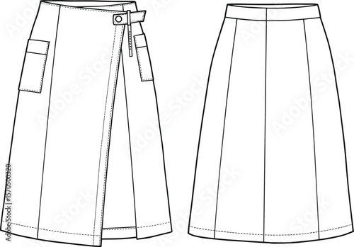 Midi wrap skirt flat sketch, pocket detail, fashion CAD drawing, front and back view, technical vector template, apparel design illustration