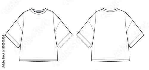 Oversized Boxy Oversized T-Shirt Technical Fashion Flats. Men’s Tee Vector Template. Front and Back design. Drop Shoulder Sleeves. Relaxed Fit. Minimalist Style. White Color. CAD Mockup Set.