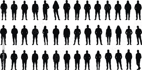 Silhouette people group collection, standing human shadow figures, black isolated design, male female posture, casual vector illustration art