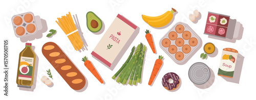 Editable supermarket food icon set, flat vector groceries like vegetables, fruits, milk, meat and baguette

