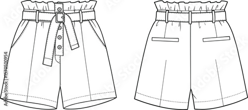 Paperbag waist shorts flat sketch, vector fashion drawing, high waist shorts template, technical design, women’s summer shorts