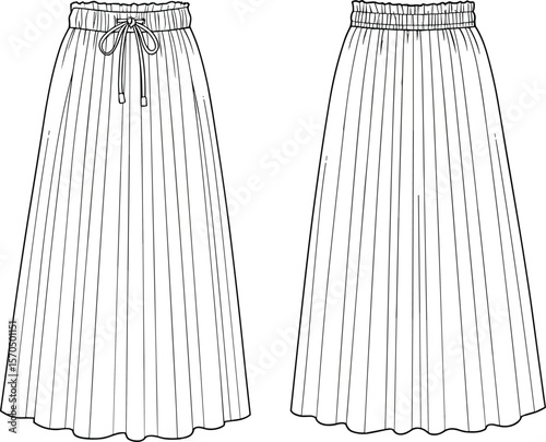 Pleated Skirt Flat Sketch, Elastic Waist Maxi Skirt, Fashion CAD Template, Vector Skirt Illustration, Technical Apparel Drawing