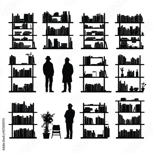 bookshelf silhouette set, Black & White silhouette set