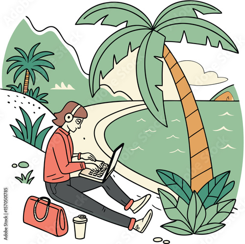 Young freelancer working remotely with laptop and coffee modern flat illustration