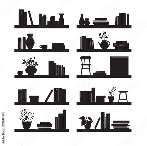 bookshelf silhouette set, Black & White silhouette set
