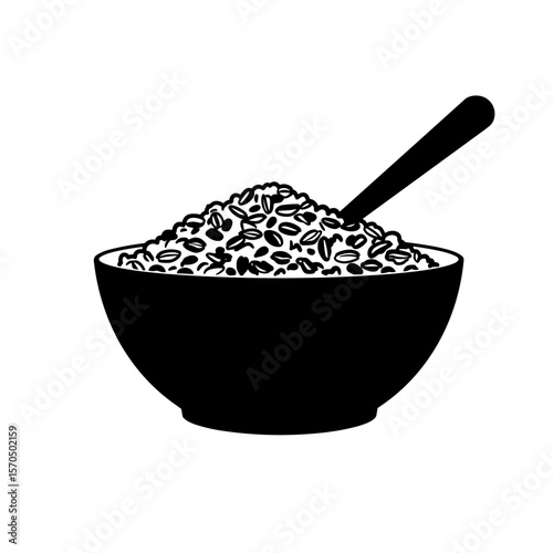 Black bowl of oatmeal with spoon isolated on white background  
