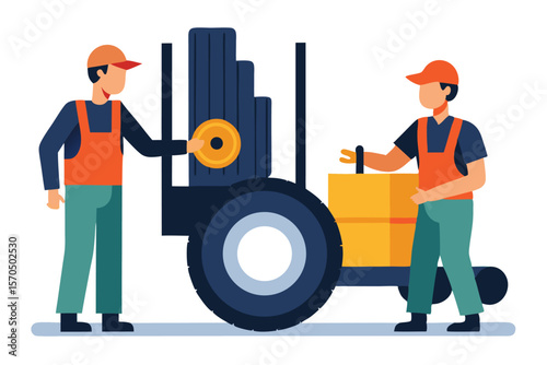 Industrial Technicians Repairing Forklift In Warehouse