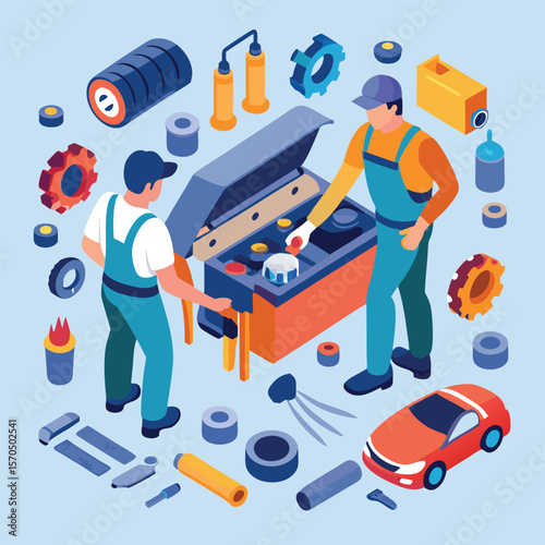 Two Auto Technicians Assembling And Inspecting Car Components