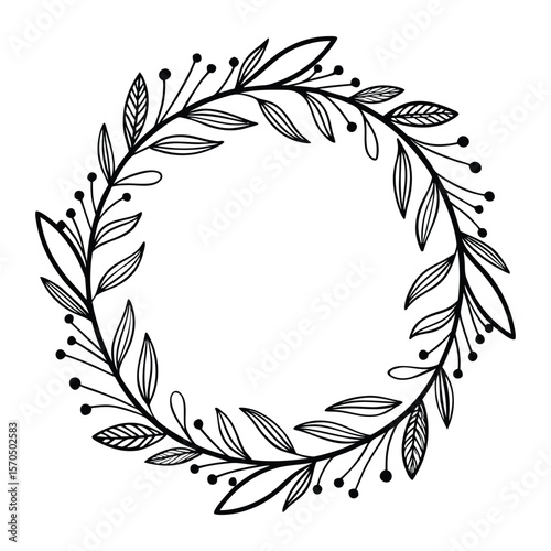 Floral Boho Wreath Vector – Hand-Drawn Circle with Dry Leaves, Twigs, Flowers & Feathers in Pastel Tones