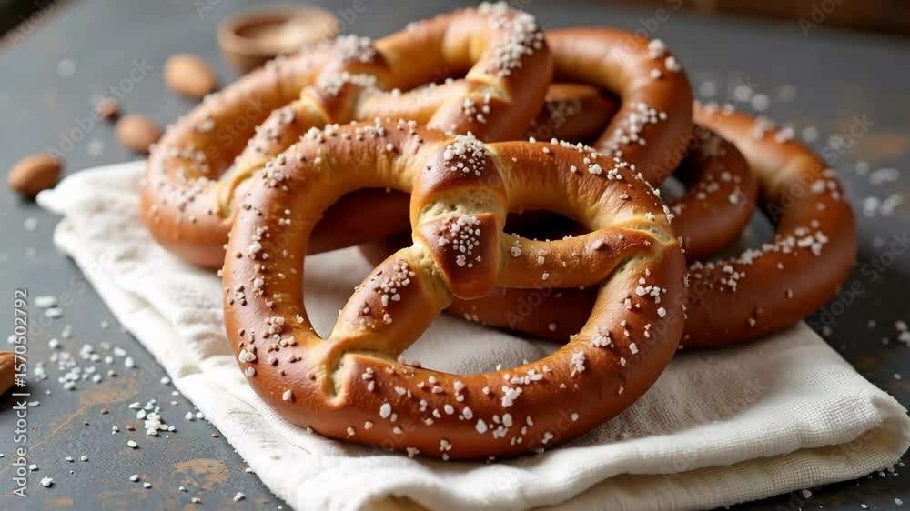 Captivating 4k footage showcases a tempting close up of delicious salted pretzels arranged artfully on a textured napkin, ideal for snack promotions.