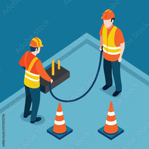 Utility Workers In Uniforms Repairing Underground Utilities