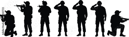 Silhouettes of armed soldiers standing, saluting, aiming rifles, tactical gear, kneeling poses, military action, training concept, black background