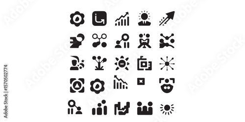 Collection of black business and technology icons arranged in rows on a white background
