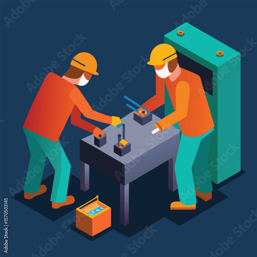 Welder Two Handymen Performing Welding Work In Industrial Workshop