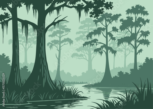 Vector Illustration of Cypress Forest in Swamp with Reflections