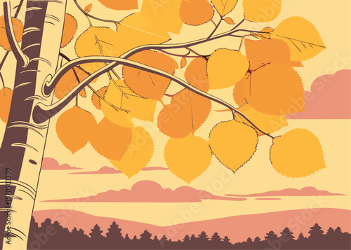 Vector Illustration of Evening Glow in Aspen Grove with Golden Light