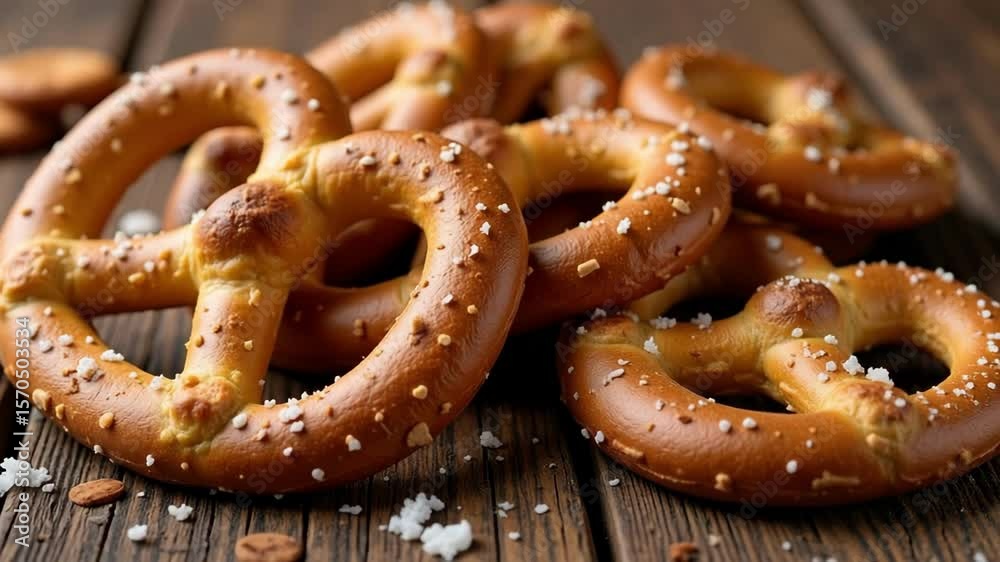 A delectable close-up showcases crunchy German pretzel cracker cookies glistening with salt crystals against a rustic textured surface, filmed in detailed 4k.