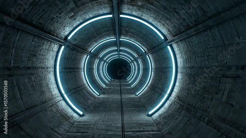 Futuristic tunnel with glowing blue lights, leading into darkness, creating a sense of depth
