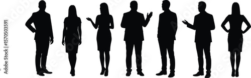Silhouettes of business people, team members standing, discussing, professional pose, corporate staff, male and female executives in office