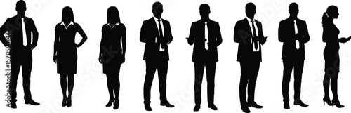 Silhouettes of business professionals, men and women in suits, standing and holding devices, teamwork, leadership, corporate attire, office concept