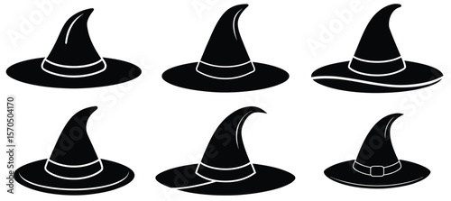 Collection of six black witch hats with white bands and buckles on a white background