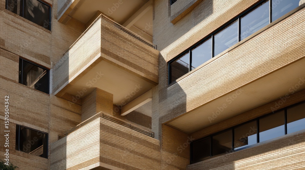 Fototapeta premium Stepped corporate building with earth-toned brick deep-set balconies strong daylight casting tiered shadows reflection on window trims under