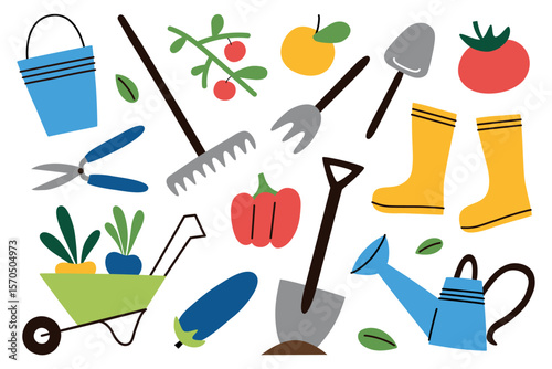 Colorful flat cartoon vector illustration set of gardening and farming tools, fruits and vegetables. Shovel, watering can, rubber boots and wheelbarrow. Concept for hobby, agriculture, eco lifestyle