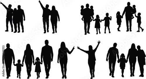 Silhouettes of happy families walking together, parents with children, joyful bonding, family unity, outdoor scene, black white illustration