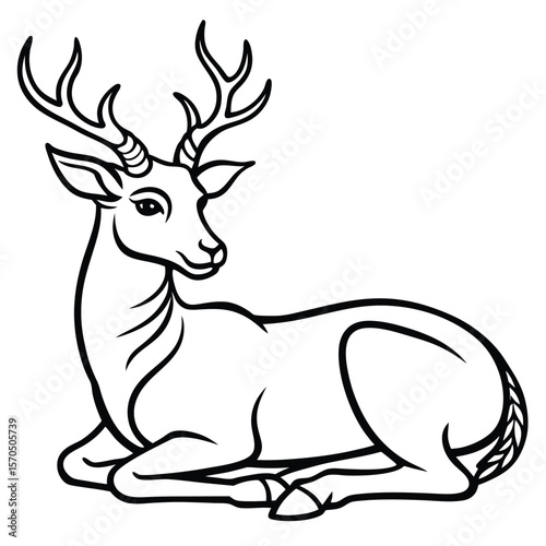 Elegant reclining deer with antlers in a stylized silhouette outline