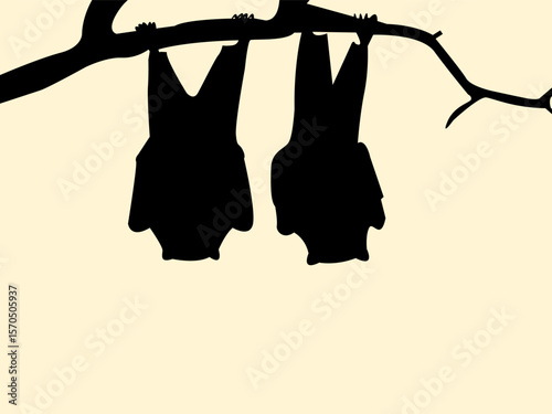 Silhouette of a two bat on tree branch design concept. Icon of animal wild nocturnal sleeping. Vector illustration.