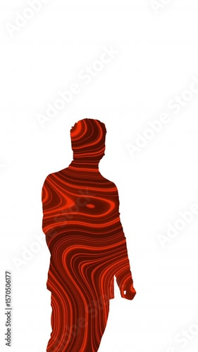 Animation of silhouette of businessman using screen with light trails on white background