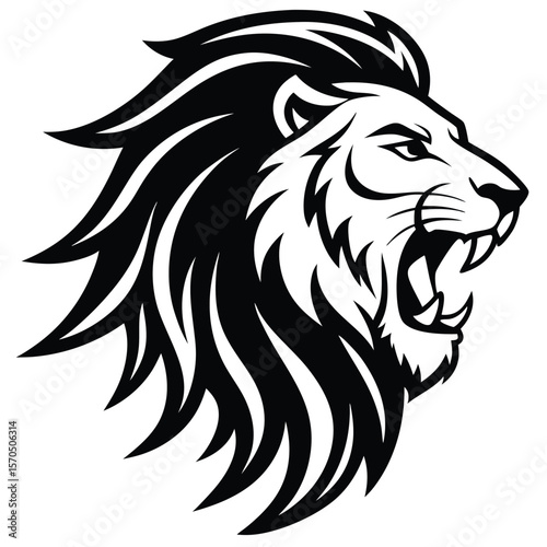 Aggressive lion head roaring with sharp mane and fangs silhouette