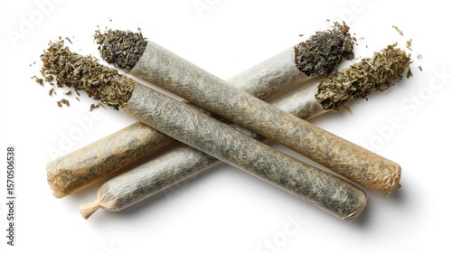 Top-down view of four cannabis joints arranged in an X shape, visible details of rolling paper and compacted filling, isolated on white background for lifestyle or medical content