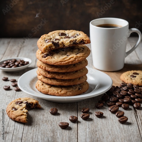 fresh cookies and coffee on wooden background
